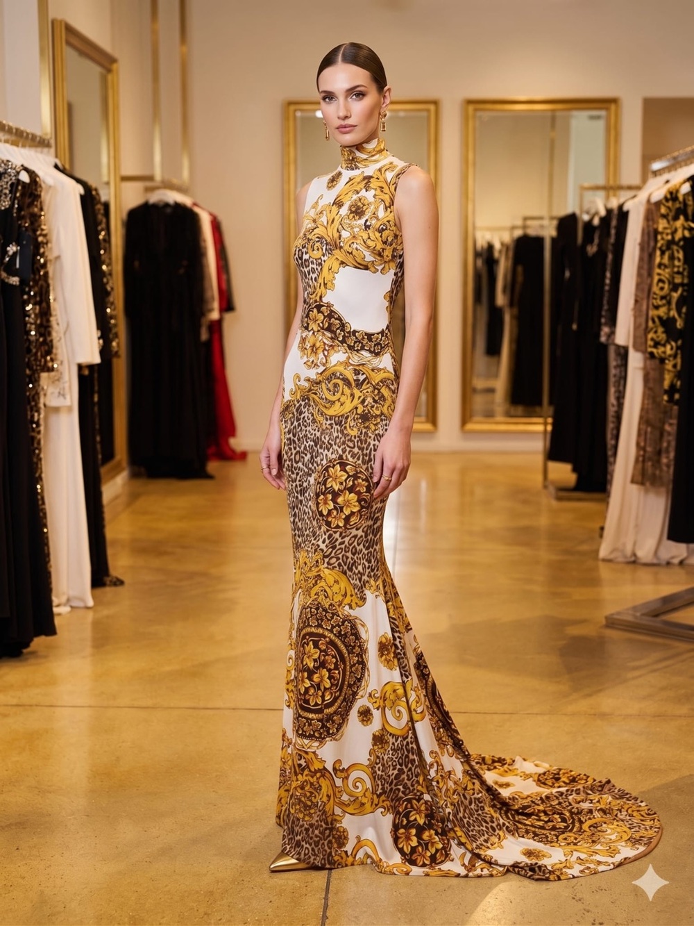 High-Neck Maxi Gown in White and Gold Baroque Print